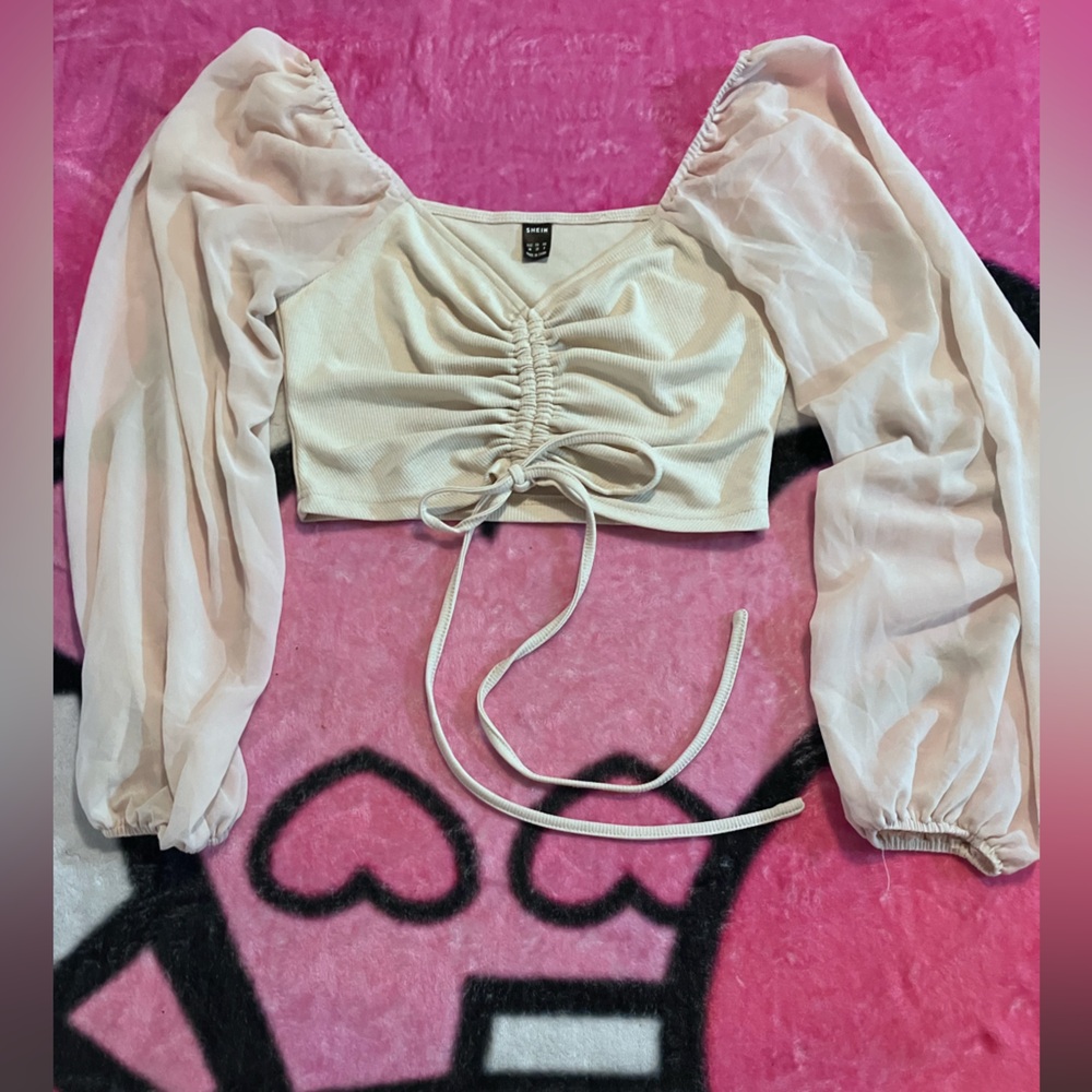 Cream Ruched Long Sleeve Crop Top – SHEIN, Size Medium